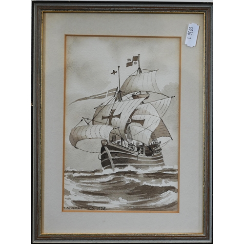 359 - #H N Halstead - Two en grisaille wash studies of galleons, signed and dated 1935, 17 x 12 cm to/w a ... 