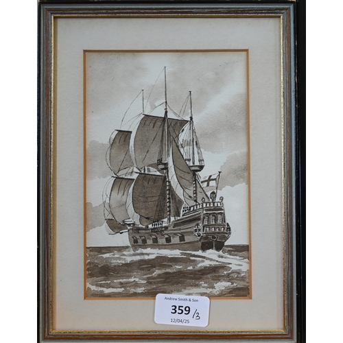 359 - #H N Halstead - Two en grisaille wash studies of galleons, signed and dated 1935, 17 x 12 cm to/w a ... 