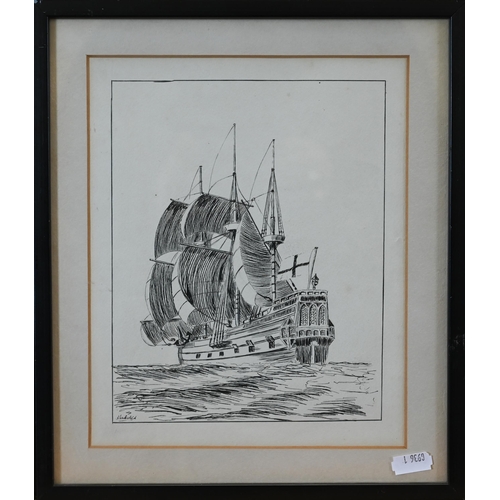 359 - #H N Halstead - Two en grisaille wash studies of galleons, signed and dated 1935, 17 x 12 cm to/w a ... 