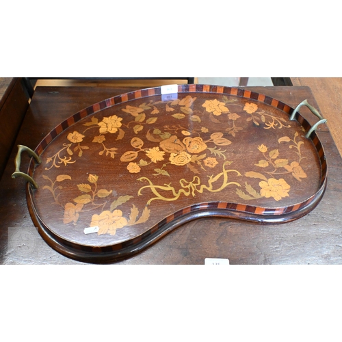 361 - An Edwardian floral marquetry tray of kidney-shape with twin brass handles, 60 cm wide