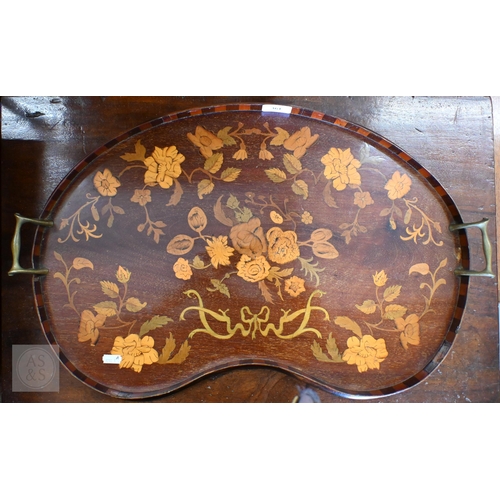 361 - An Edwardian floral marquetry tray of kidney-shape with twin brass handles, 60 cm wide