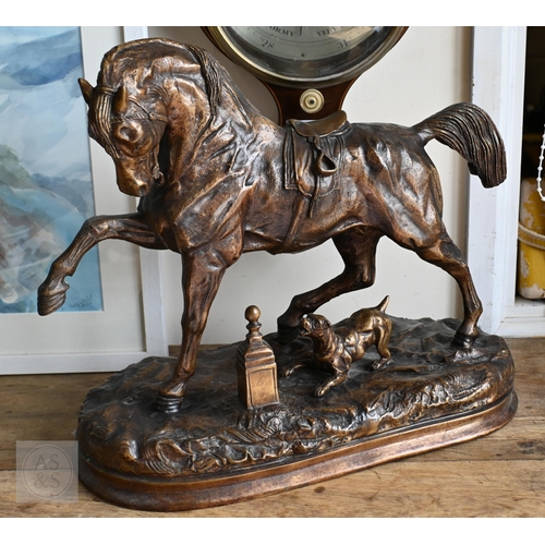 367 - After Pierre Lenordez, a bronzed 'Angelo' sculpture of a racehorse harried by a terrier, 39 x 48 cm