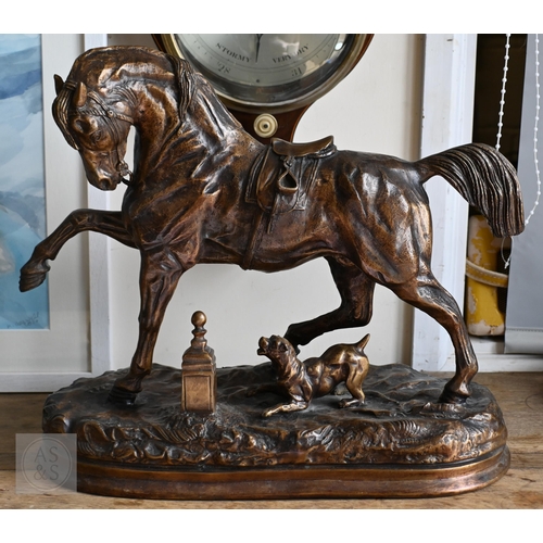 367 - After Pierre Lenordez, a bronzed 'Angelo' sculpture of a racehorse harried by a terrier, 39 x 48 cm