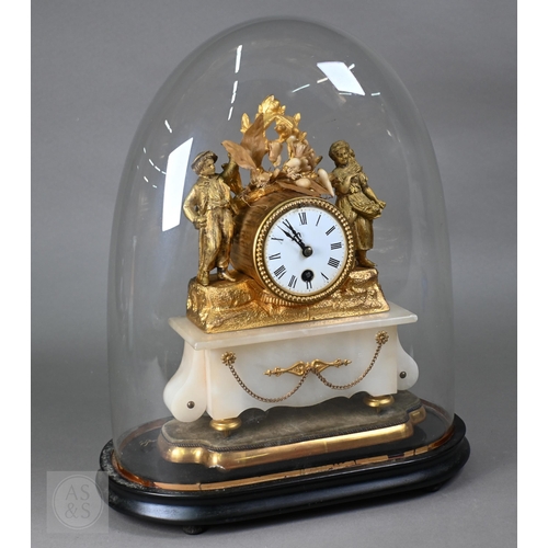 368 - A 19th century gilt metal and alabaster mantel clock under glass dome, 44 cm high