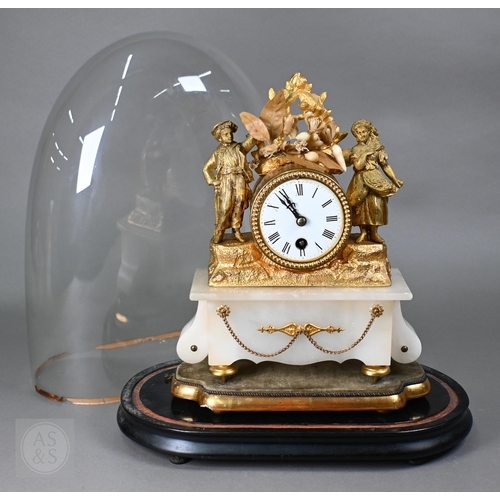 368 - A 19th century gilt metal and alabaster mantel clock under glass dome, 44 cm high