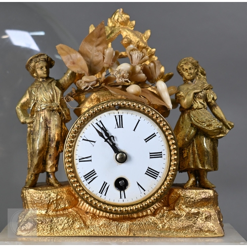 368 - A 19th century gilt metal and alabaster mantel clock under glass dome, 44 cm high