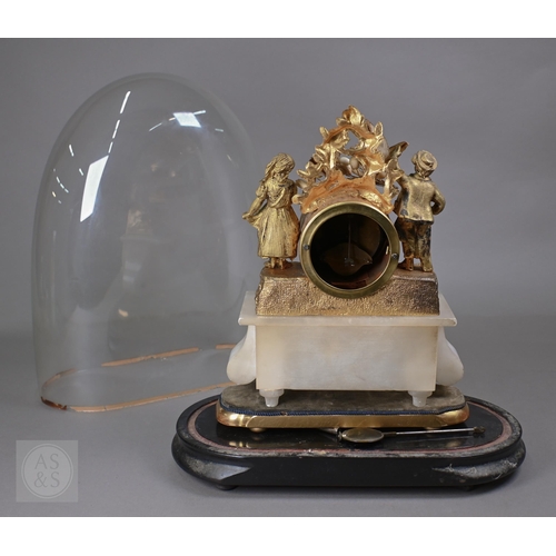 368 - A 19th century gilt metal and alabaster mantel clock under glass dome, 44 cm high