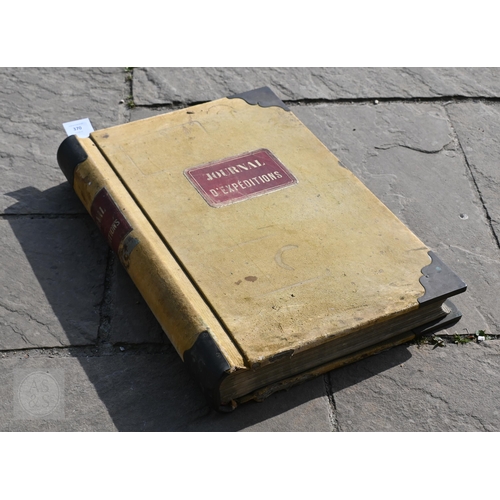 370 - A 19th century French large brass and chamois-bound manuscript ledger, listing expenses incurred on ... 