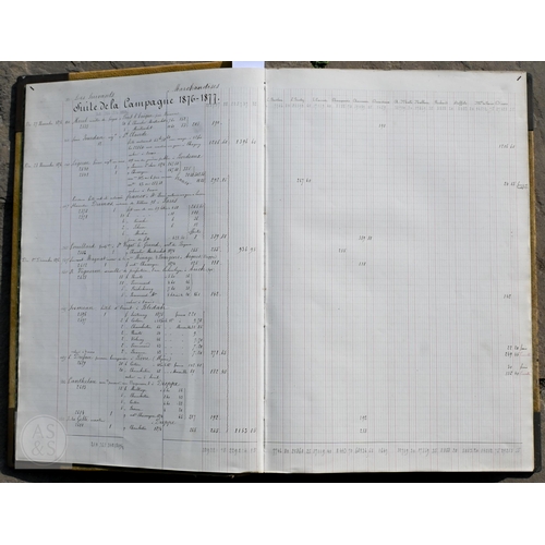 370 - A 19th century French large brass and chamois-bound manuscript ledger, listing expenses incurred on ... 