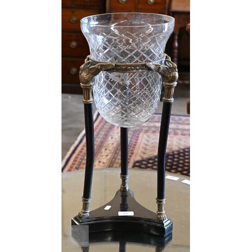 372 - A cut and etched glass bowl on brass and slate tripod base, 52 cm