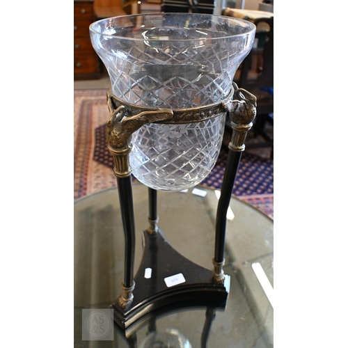 372 - A cut and etched glass bowl on brass and slate tripod base, 52 cm