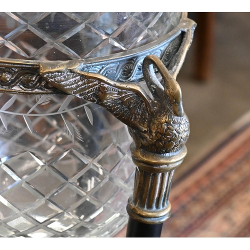 372 - A cut and etched glass bowl on brass and slate tripod base, 52 cm