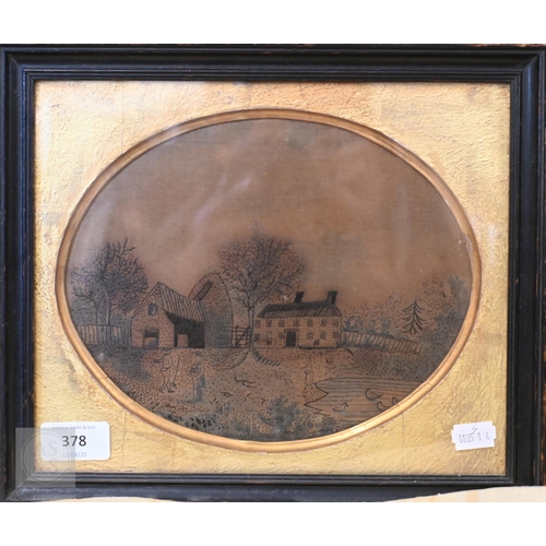 378 - An antique 'folk art' embroidery on silk of a farmstead, 17.5 x 22.5 cm, mounted framed and glazed