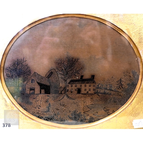 378 - An antique 'folk art' embroidery on silk of a farmstead, 17.5 x 22.5 cm, mounted framed and glazed