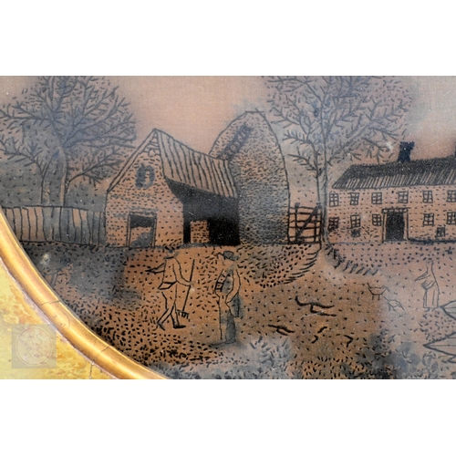 378 - An antique 'folk art' embroidery on silk of a farmstead, 17.5 x 22.5 cm, mounted framed and glazed