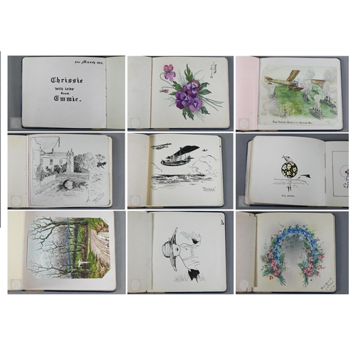 379 - #A World War I and later autograph book, containing various watercolour paintings and drawing includ... 
