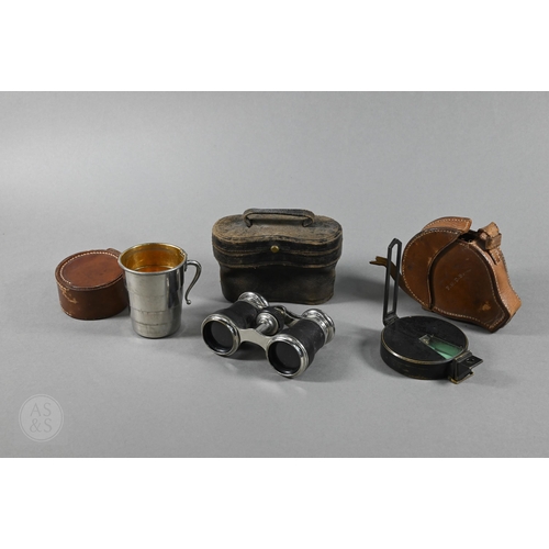 380 - An antique lacquered brass bearing compass in leather case, by Elliot Bros, London, to/w an ep colla... 