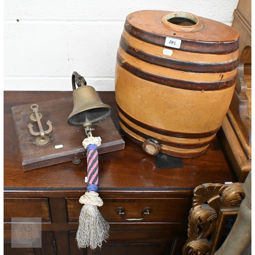 385 - Maritime interest - a vintage brass 'anchor' door knocker and bell with ropework, on teak plaque to/... 