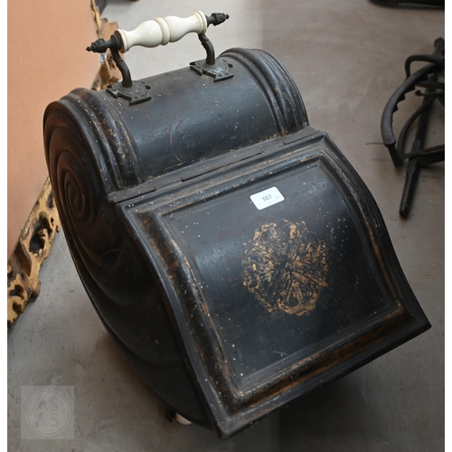 387 - Victorian shell shaped coal scuttle to/w a Victorian coal bucket with decorative lion head handles (... 