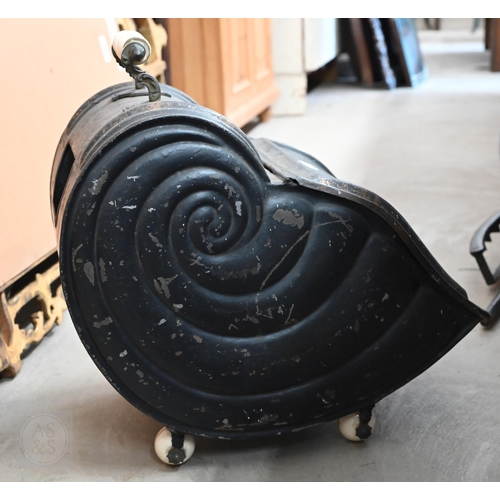387 - Victorian shell shaped coal scuttle to/w a Victorian coal bucket with decorative lion head handles (... 
