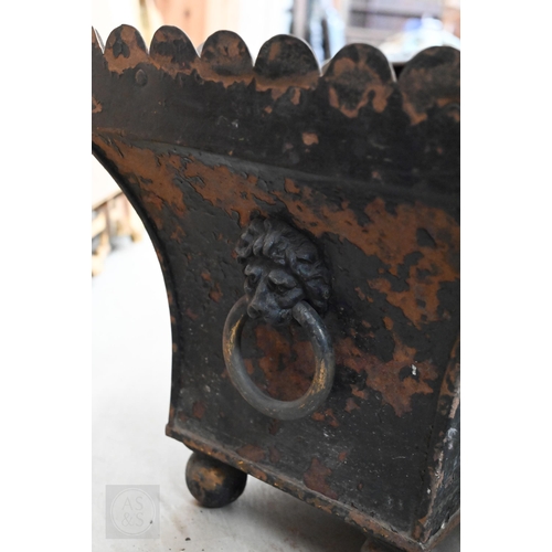 387 - Victorian shell shaped coal scuttle to/w a Victorian coal bucket with decorative lion head handles (... 