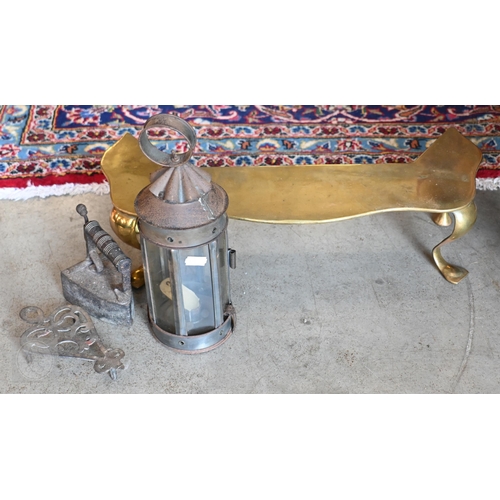 394 - A Victorian brass footman on cabriole supports and an antique oak panel carved with a heraldic Royal... 