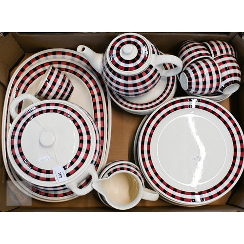 401 - A Villeroy & Boch breakfast service with gingham rims, 33 pieces including covers (box)