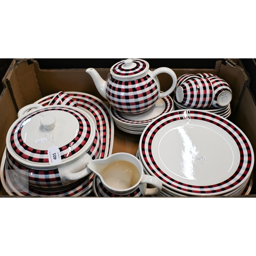 401 - A Villeroy & Boch breakfast service with gingham rims, 33 pieces including covers (box)