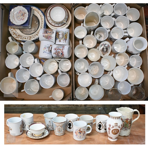 409 - A quantity of Edwardian and later ceramic and glass Royal Commemorative mugs etc (2 boxes)