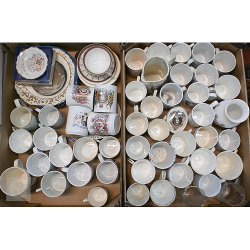 409 - A quantity of Edwardian and later ceramic and glass Royal Commemorative mugs etc (2 boxes)