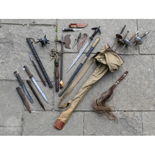 554 - Various antique and later swords, bayonets and other weapons including four fencing foils (box)