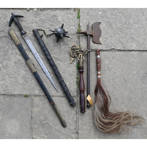 554 - Various antique and later swords, bayonets and other weapons including four fencing foils (box)