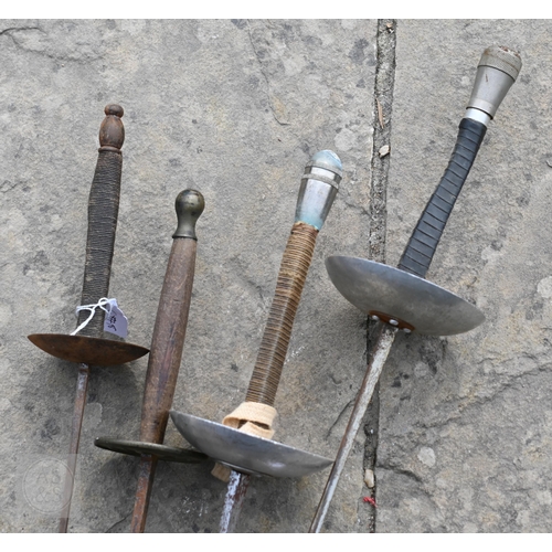 554 - Various antique and later swords, bayonets and other weapons including four fencing foils (box)