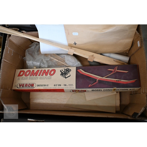 556 - #A part-finished pond yacht hull, a glider kit, etc (box)