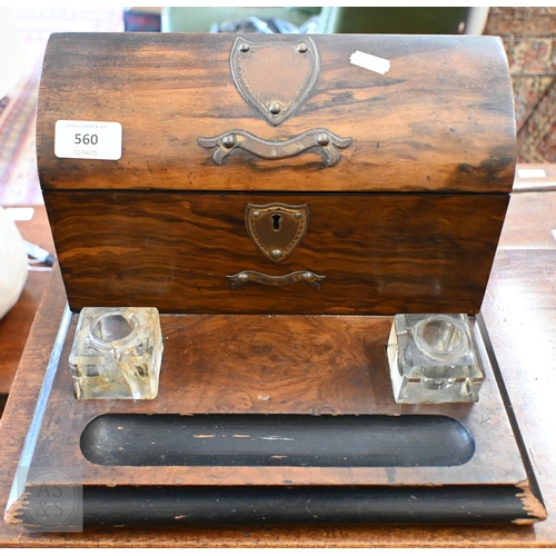 560 - A Victorian walnut and grained wood stationery box/inkstand with brass mounts, 31 cm wide