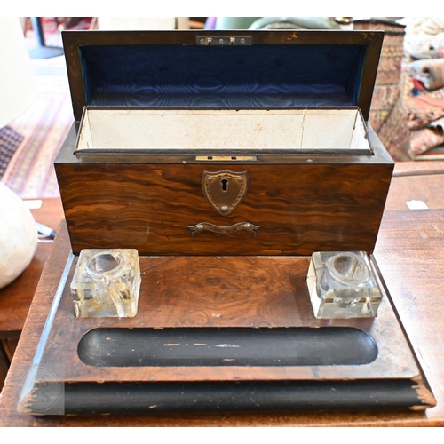 560 - A Victorian walnut and grained wood stationery box/inkstand with brass mounts, 31 cm wide
