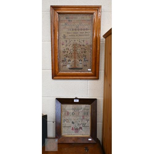 561 - A George IV needlework sampler worked with alphabets and numbers above Adam & Eve with the snake... 