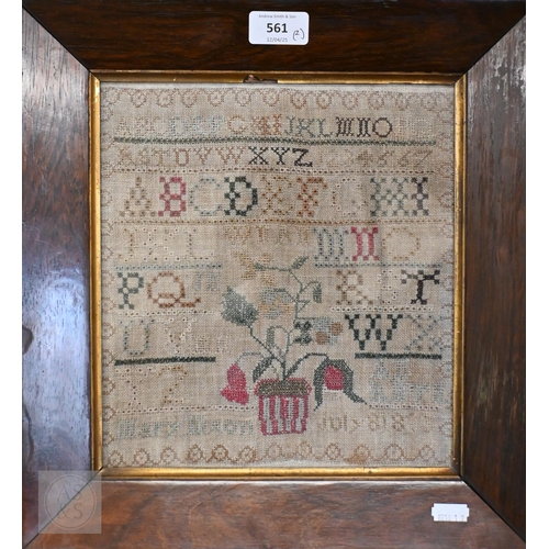 561 - A George IV needlework sampler worked with alphabets and numbers above Adam & Eve with the snake... 