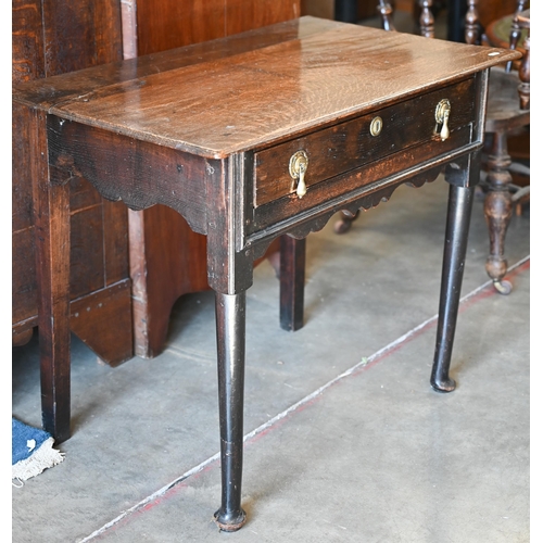 576 - An 18th century oak hall table with single drawer and turned front supports, 84 x 52 x 70 cm high