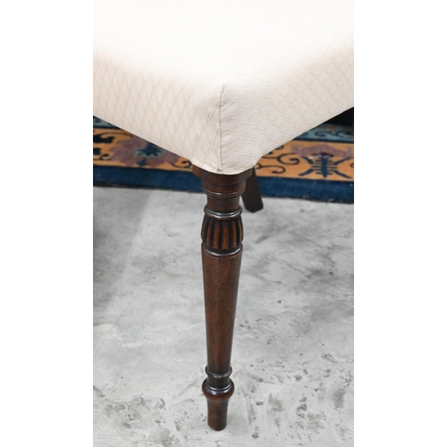 578 - A set of four Edwardian mahognay lattice back dining chairs, overstuffed with pale pink diamond patt... 