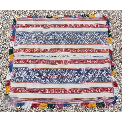 608 - A vintage Peruvian poncho, geometric design in alternating red, blue and beige bands, 152 x 139 cm a... 