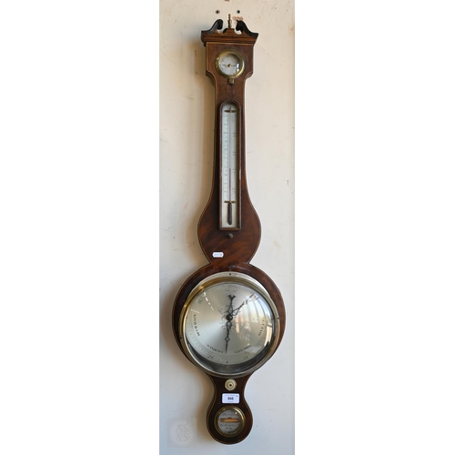 366 - #Antique mahogany wheel barometer with silvered dials/registers by Martinelli & Sons, 98 cm h