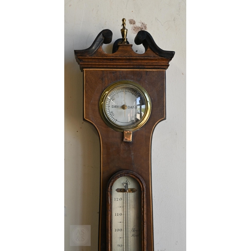 366 - #Antique mahogany wheel barometer with silvered dials/registers by Martinelli & Sons, 98 cm h