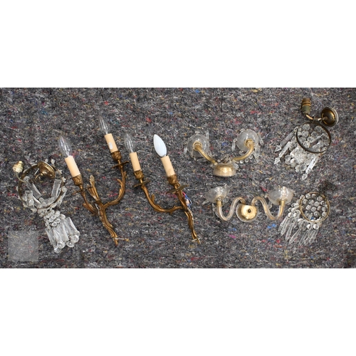 396 - Three brass ring ceiling lightshades hung with facetted glass drops and prisms, to/w a pair of wall ... 