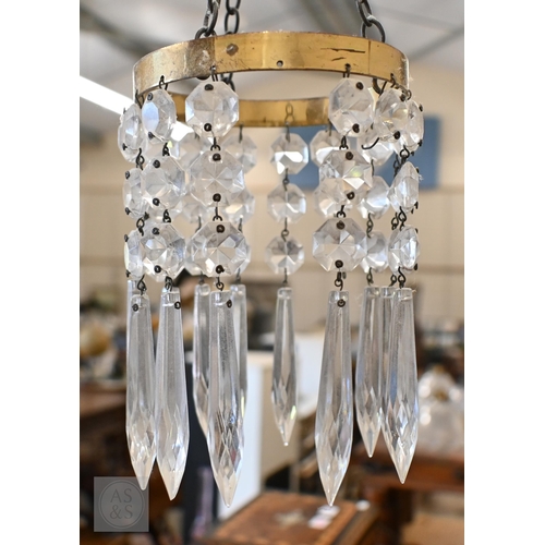 396 - Three brass ring ceiling lightshades hung with facetted glass drops and prisms, to/w a pair of wall ... 