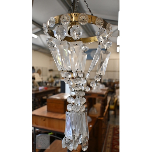 396 - Three brass ring ceiling lightshades hung with facetted glass drops and prisms, to/w a pair of wall ... 