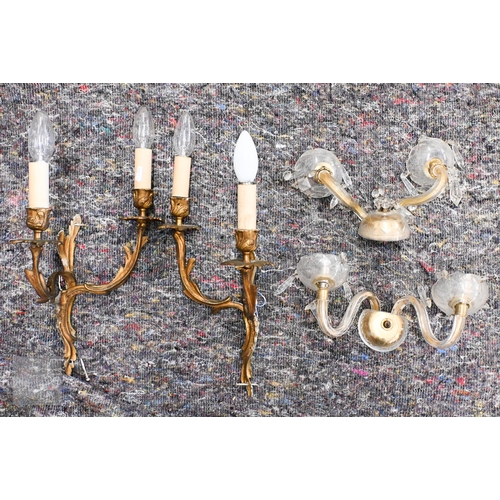 396 - Three brass ring ceiling lightshades hung with facetted glass drops and prisms, to/w a pair of wall ... 