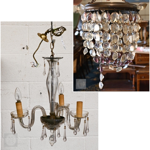 413 - A three branch clear glass electrolier to/w a small brass and glass basket pendant shade (2)