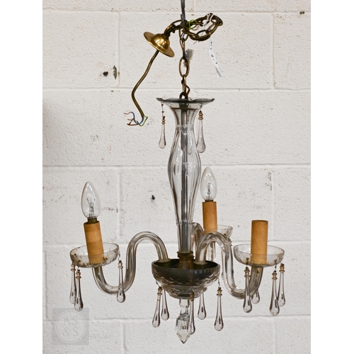 413 - A three branch clear glass electrolier to/w a small brass and glass basket pendant shade (2)
