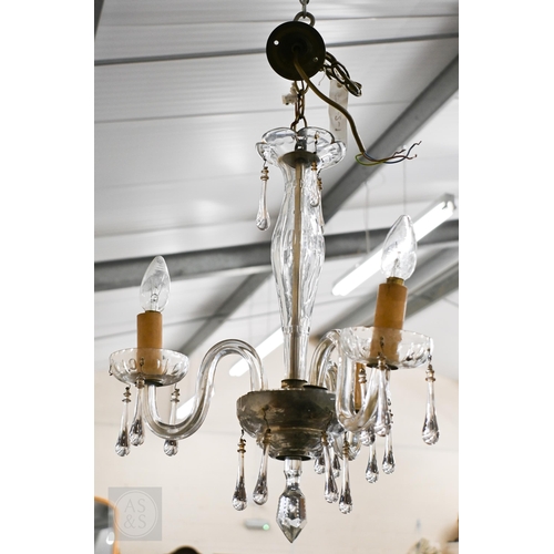 413 - A three branch clear glass electrolier to/w a small brass and glass basket pendant shade (2)